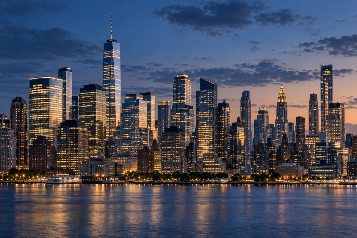 Ilustracja panoramy dzielnicy biznesowej inspirowanej Manhattanem