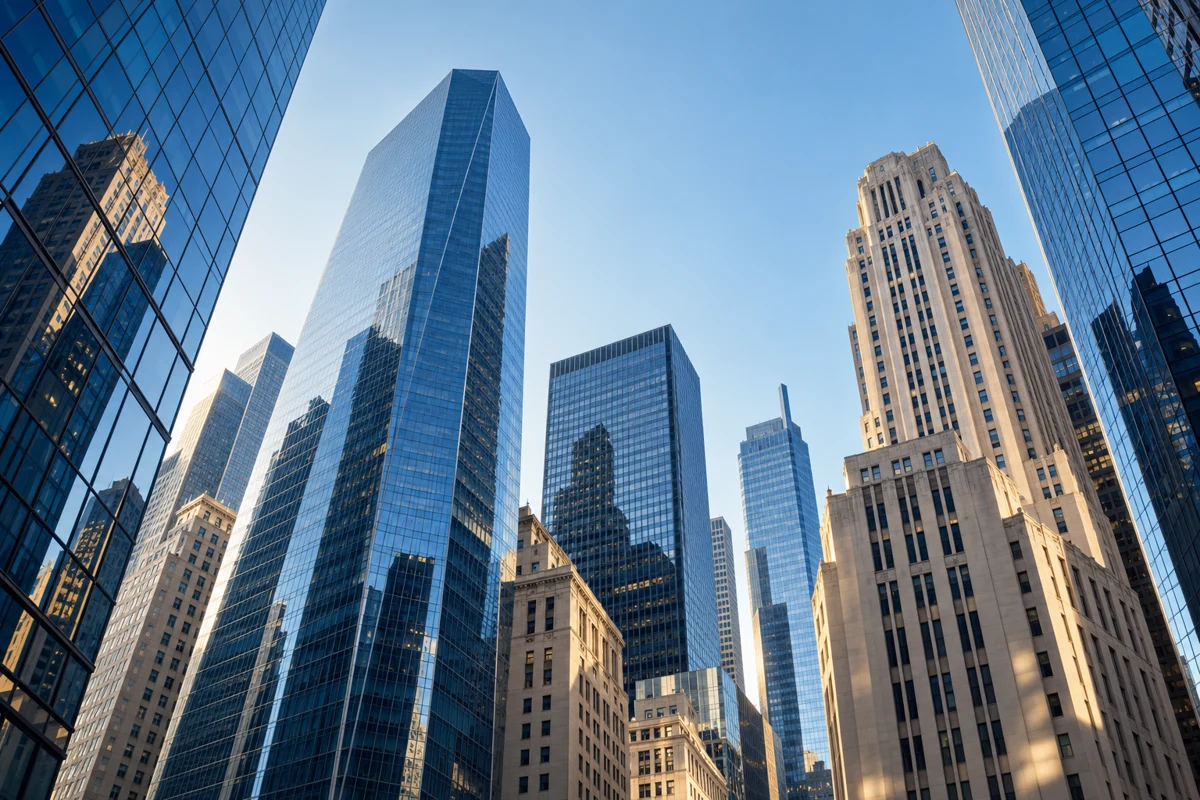 Ilustracja nowoczesnych biurowców inspirowanych Manhattanem